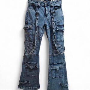 Social Collision Acid Wash Moto Suspender Low-Rise Flare Jeans